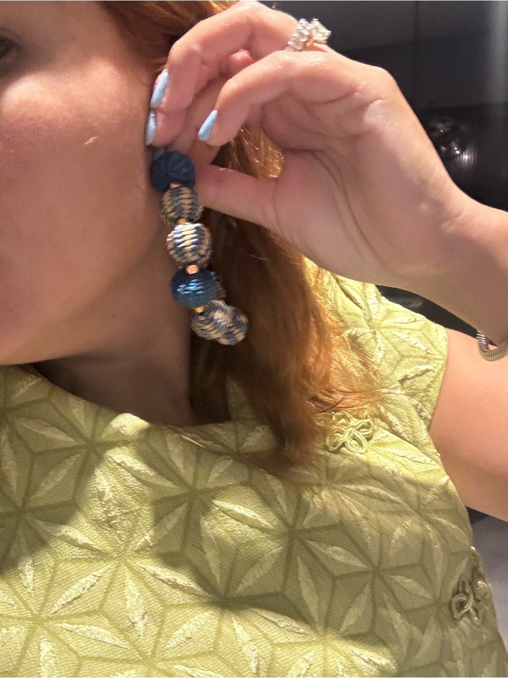 Handcrafted Blue Beaded Hoop Earrings. Made in Colombia